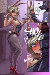 1boy 1girls battle_bunny_riven big_breasts big_penis bunny_ears bunny_girl censored cock_shock comic english_text geks head_grab high_heels imminent_rape league_of_legends nasus penis_awe riot_games riven scared speech_bubble tagme text the_grind_series thick_thighs waitress