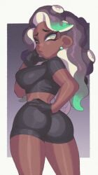 ass ass_focus black_clothing bubble_butt clothed crop_top dark_skin female inkuusan lipstick marina_(splatoon) shorts simple_background solo solo_female splatoon splatoon_2 thick_thighs