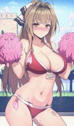 amagi_brilliant_park antenna_hair bikini blue_sky blush bow breasts brown_eyes brown_hair cleavage closed_mouth cloud condom condom_belt cowboy_shot day female glaring hair_intakes hairbow haoni high_ponytail highres holding holding_pom_poms humiliation large_breasts long_hair looking_at_viewer navel o-ring o-ring_bikini outdoors pom_pom_(cheerleading) ponytail sento_isuzu sky solo sweat swimsuit translated used_condom v-shaped_eyebrows