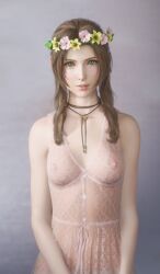 1girls 3d 3d_(artwork) aerith_gainsborough babydoll bangs billyhhyb brown_hair female female_only final_fantasy final_fantasy_vii final_fantasy_vii_remake flower flower_crown flower_in_hair front_view green_eyes light_brown_hair looking_at_viewer medium_breasts nipples nipples_visible_through_clothing no_bra see-through see-through_clothing simple_background smooth_skin solo solo_female