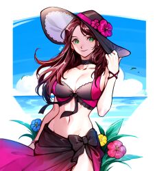 1girls alternate_costume bikini black_choker black_hair blue_sky brown_eyes brown_hair choker cloud collar commentary dorothea_arnault dorothea_arnault_(summer) female female female_only fire_emblem fire_emblem:_three_houses fire_emblem_heroes flower hand_on_headwear hat long_hair navel nintendo ocean official_alternate_costume sarong silvercandy_gum sky smile solo sun_hat swimsuit wrist_straps