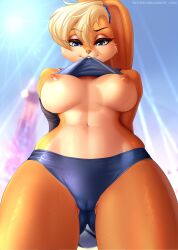 2022 absurd_res anthro anxiety-chan areola breasts camel_toe clothing digital_media_(artwork) eyebrows female front_view hair hands_behind_back hi_res lagomorph leporid lola_bunny long_ears looking_at_viewer looney_tunes low-angle_view mammal nipples outside ponytail_ears rabbit solo text url warner_brothers