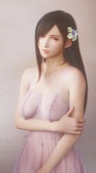 1girls 3d 3d_(artwork) babydoll bare_arms bare_shoulders belly_button billyhhyb black_hair breasts covered_navel eyebrows_visible_through_hair female female_only final_fantasy final_fantasy_vii final_fantasy_vii_remake flower_in_hair flowers_in_hair hair_flower hair_ornament highres long_hair looking_at_viewer navel nipples nipples_visible_through_clothing parted_lips red_eyes see-through see-through_clothing see-through_dress simple_background small_breasts smooth_skin tifa_lockhart very_long_hair