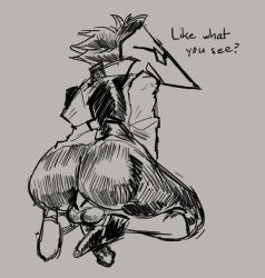 anthro anus ass avian deltarune hi_res looking_back male male_only monochrome pantsless presenting presenting_anus presenting_hindquarters sodosko solo solo_focus swatch_(deltarune) swatchling undertale_(series)