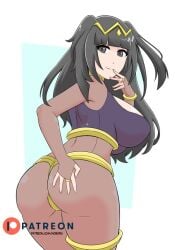 1girls ass bangs black_eyes black_hair bodystocking breasts female female_only fire_emblem fire_emblem_awakening large_ass large_breasts long_hair looking_at_viewer looking_back nintendo noboru_revista smile solo tharja_(fire_emblem) thick_thighs thighs