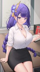 1girls alternate_costume blush cleavage clothing earrings female_only genshin_impact hoyoverse light_skin long_hair looking_at_viewer mihoyo miniskirt necklace office_lady purple_eyes purple_hair raiden_shogun smile smiling solo solo_female uka_(315302627)