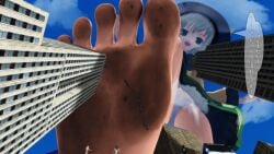 1boy 3d 3girls barefoot bus city crush crushed crushing destruction digital_media_(artwork) dirty_feet dress feet female foot_fetish foot_focus giantess gonzres green_eyes green_hair hat hi_res japanese_text koishi_komeiji male panties pantyshot short_hair sky text text_bubble toes touhou train