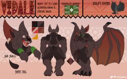 absurd_res anthro bat black_body black_fur brown_body chest_tattoo foreskin fur genitals hi_res jewelry looking_at_viewer male mammal membrane_(anatomy) membranous_wings model_sheet muscular muscular_male penis piercing red_sclera smile solo tattoo viola_bat wings yellow_eyes