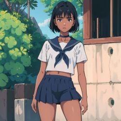 ai_generated black_hair choker kofune_mio school_uniform skirt stable_diffusion summertime_render tan_skin thighs