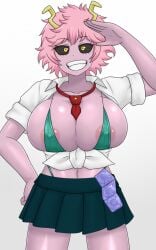 1girls areolae bikini black_sclera breasts condom condom_packet_strip confident female_only horns huge_breasts messy_hair micro_bikini midriff mina_ashido miniskirt my_hero_academia nipples nipples_visible_through_clothing oliver11020 pink_hair pink_skin salute school_uniform short_hair skirt smile solo swimsuit thong tied_shirt unusual_skin_color yellow_eyes