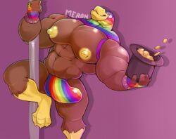 anthro avian balls bara bara_tits big_balls big_pecs big_penis bird bulge fingerless_gloves gay gloves hat male male_only mask merong money muscles muscular penis rainbow_clothing rainbow_patriot solo solo_male stripper_pole