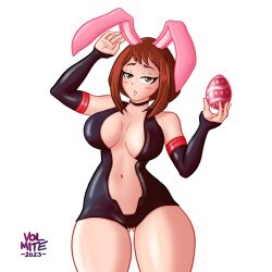 1girls blush breasts brown_eyes brown_hair bunny bunny_ears bunny_girl choker cleavage easter easter_egg fake_animal_ears female_only large_breasts looking_at_viewer midriff my_hero_academia ochako_uraraka ochako_uraraka_(hero_outfit) open_clothes short_hair solo thick_thighs thighs volmite wide_hips