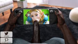 1boy 1girls 3d blonde_hair blowjob currysfm dark-skinned_male electronics elf elf_ears fellatio female game_console handheld_game_console humanoid hylian interracial male pale_skin penis princess_zelda royalty steam_deck straight_hair tears_of_the_kingdom the_legend_of_zelda the_legend_of_zelda:_breath_of_the_wild valve valve_(company) zelda_(tears_of_the_kingdom)