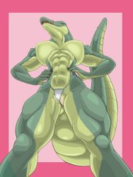 2023 abs anthro athena_(f_draws) big_breasts breasts clothed clothing crocodile crocodilian crocodylid f_draws female genitals hands_on_hips hi_res licking licking_lips licking_own_lips looking_at_viewer looking_down_at_viewer low-angle_view muscular muscular_anthro muscular_female non-mammal_breasts portrait pussy pussy_floss reptile scalie solo thong three-quarter_portrait tongue tongue_out topless topless_anthro topless_female underwear