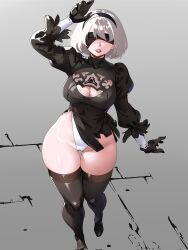 black_blindfold black_dress blindfold clothing_cutout covered_eyes dress feather-trimmed_sleeves feather_trim female gloves highres lastofrabbit leotard mole mole_under_mouth nier nier:_automata nier_(series) nintendo_switch solo thick_thighs thighhighs white_hair white_leotard yorha_2b