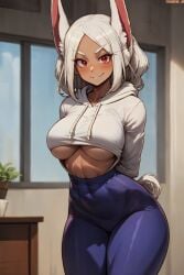 1girls abs ai_generated amiral_ai breasts brown_skin crop_top cropped_hoodie dark-skinned_female dark_skin female gym_uniform hips huge_breasts long_hair midriff miruko my_hero_academia naughty_face rabbit_ears red_eyes rumi_usagiyama smile sportswear thick_thighs thighs underboob wide_hips yoga_pants