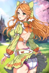 1girls abdl ass back back_view backless_outfit bare_back bare_thighs big_ass blush breasts cherry_blossoms covered_nipples diaper etie_(fire_emblem) female female_only fire_emblem fire_emblem_engage green_eyes infantilism lilith-fetish long_hair looking_back medium_breasts nintendo open_mouth orange_hair outdoors pantyshot pantyshot_(standing) skirt smile solo thick_thighs thighs tree upskirt