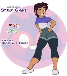 clothed clothing cute dark-skinned_female dark_skin disney evil_raccoon fat_ass gold_eyes hips_wider_than_shoulders latina luz_noceda medium_breasts pear-shaped_figure pear_shaped short_hair shorts smile strip_game the_owl_house thick_legs thick_thighs twitter wide_hips wink