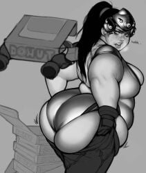 1girls ass belly big_ass big_belly black_and_white black_hair blizzard_entertainment donut huge_ass inconvenient_ass obese obese_female out_of_breath overwatch overweight pewbutt ponytail struggling_to_fit thick thick_thighs tight_clothing weight_gain widowmaker