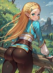 2023 ai_generated artist_name ass blonde_hair crown_braid elf_ears green_eyes hairclip long_blonde_hair long_hair looking_back_at_viewer medium_breasts nintendo princess_zelda safe_for_work sfw shenglw sideboob the_legend_of_zelda the_legend_of_zelda:_breath_of_the_wild thick_thighs zelda_(breath_of_the_wild)