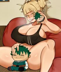 1girls blonde_hair blush bottomless breasts cleavage doll fangs female_only hair_buns himiko_toga huge_breasts izuku_midoriya looking_at_viewer melonpuff messy_hair my_hero_academia nipples_visible_through_clothing short_hair smile solo sports_bra spread_legs steam thick_thighs thighs yellow_eyes