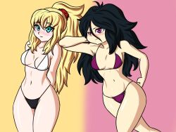 2girls ali_(dbaf) arms_behind_back ass bangs bikini black_and_white_bikini black_hair blonde_hair blue_eyes blush breasts cameltoe cleavage curvy dragon_ball dragon_ball_af dragon_ball_z german_salazar hand_on_butt hands_behind_head irina_(dbaf) legs_together light-skinned_female light_skin long_hair looking_at_viewer navel pink_background ponytail purple_bikini purple_eyes sidelocks thick_thighs yellow_background