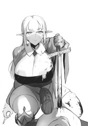 1futa assassin better_version_at_source big_breasts breasts breasts_bigger_than_head cleavage clothed elf flaccid futanari huge_breasts looking_at_viewer monochrome nipple_bulge nipple_slip pixiv_sample ssenko sword thick_thighs unseen_male_face voluptuous