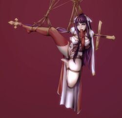 1girls bare_legs barefoot blue_eyes bondage bound circlet clothed clothed_female commission commission_art commissioner_upload cross fate/grand_order fate_(series) female female_only femsub fully_clothed gagged large_breasts long_hair puppyinanappy purple_hair rope rope_bondage saint_martha shibari shibari_over_clothes sock_gag staff stockings tagme veil