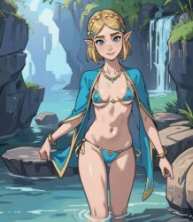 ai_generated arm_rings bikini blonde_hair blue_eyes cape covered_nipples princess_zelda small_breasts smile stable_diffusion tears_of_the_kingdom the_legend_of_zelda wading waterfall zelda_(tears_of_the_kingdom)