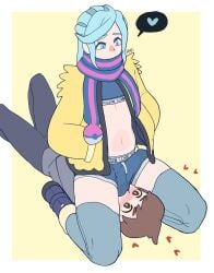 2023 2boys blue_eyes blue_hair brown_eyes brown_hair bulge bulge_through_clothing facesitting femboy florian_(pokemon) gay grusha_(pokemon) hung_trap light-skinned_male light_skin male male/male male_only midriff partially_clothed penis pokemon pokemon_sv ra4s scarf sitting sitting_on_face sitting_on_person thick_thighs thighhighs underwear yaoi