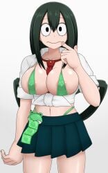 1girls areolae bikini black_eyes breasts condom condom_packet_strip female_only green_hair large_breasts long_hair micro_bikini midriff miniskirt my_hero_academia nipples nipples_visible_through_clothing oliver11020 prostitution school_uniform skirt solo swimsuit thong tied_shirt tsuyu_asui very_long_hair whore