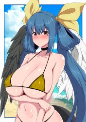 1girls absurdres angel_wings arm_under_breasts asymmetrical_wings bare_shoulders beach bikini black_choker blue_hair blue_sky blush border breasts choker cleavage closed_mouth cloud collarbone covered_nipples day dizzy_(guilty_gear) female fuuma_(bangolga1) gold_bikini guilty_gear hair_between_eyes hair_ribbon hair_rings highres holding_own_arm large_breasts long_hair looking_at_viewer mature_female milf monster_girl navel ocean red_eyes ribbon sagging_breasts sidelocks skindentation sky smile solo stomach string_bikini swimsuit tail twintails underboob white_border wings yellow_ribbon