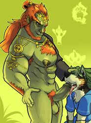 2boys absurd_res anthro armpit_hair bodily_fluids body_hair boner chest_hair cum cum_drip cum_in_mouth cum_inside cum_on_face dripping erection fellatio ganondorf ganondorf_(tears_of_the_kingdom) gay genital_fluids hi_res kneeling link male male/male male_only nintendo nude oral penile sex simple_background size_difference tears_of_the_kingdom the_legend_of_zelda thekinkybear wolf_link