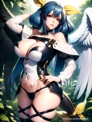 1girls ai_generated angel_wings arm_behind_head asymmetrical_wings bare_shoulders belt black_panties blue_hair cleavage cleavage_cutout detached_sleeves dizzy_(guilty_gear) feathered_wings groin guilty_gear guilty_gear_xrd hair_between_eyes hair_rings hand_on_hip large_breasts lips long_hair looking_at_viewer mature_female midriff milf monster_girl nature navel off_shoulder panties red_eyes skindentation stomach tail tail_ribbon thick_thighs thighhighs twintails yellow_ribbon