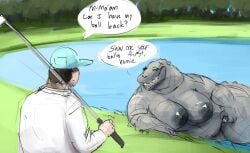 1boy 1girls alligator anthro bedroom_eyes child_bearing_hips chubby_female curvy curvy_female dialogue doctordj english_text golf golf_ball golf_club green_eyes nude nude_female original scalie seductive text thick_thighs voluptuous voluptuous_female