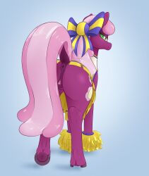 animal_genitalia anus aquaticvibes cheerleader_uniform equine female from_behind furry looking_at_viewer my_little_pony pom_poms pony purple_body pussy solo