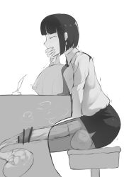 1futa better_version_at_source big_breasts breasts censored clothed condom cum cum_in_condom desk futanari hands-free handsfree_ejaculation huge_breasts medium_hair monochrome orgasm penis pixiv_sample side_view ssenko