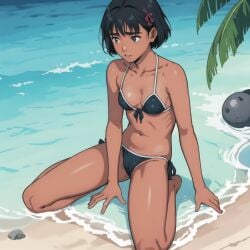 ai_generated beach bikini black_hair kofune_mio short_hair small_breasts stable_diffusion summertime_render tan_skin