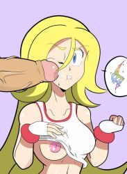 blue_eyes fingerless_gloves korrina_(pokemon) lifted_by_self lifting_shirt penis_on_face pokemon pokemon_xy poking_penis visible_nipples