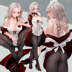 1girls ai_generated apron ass back back_tattoo bottle breasts choker chowbie cigarette grey_hair high_heels holding_bottle holding_cigarette large_breasts long_hair looking_at_viewer maid maid_apron maid_headdress maid_uniform original pantyhose red_eyes smoking tattoo