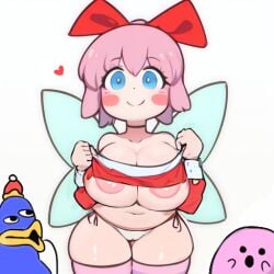 1girls 2boys ai_generated bare_shoulders big_breasts blue_eyes blush blush_stickers breasts cleavage dress edit fairy fairy_wings female female_focus hairbow heart king_dedede kirbo_(terminalmontage) kirby kirby_(series) large_areolae large_breasts long_sleeves nipple_slip nipples panties parody penguin pink_hair pog poggers ribbon ribbon_(kirby) shirt_lift shocked short_hair shortstack stable_diffusion terminalmontage thick_thighs thighhighs underboob undersized_clothes undressing wide_eyed wide_hips