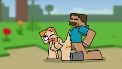 1boy 1girls 2d 2d_(artwork) alex_(minecraft) animated blue_t-shirt boots breasts brown_hair canon_couple cubic_breasts cum cum_in_pussy cum_inside erect_nipples erect_penis female freckles holding_own_leg human humanoid male minecraft no_pants nude_female orange_hair outside sirwillydingdong sound spoon_position square_head steve_(minecraft) tagme vaginal_penetration video