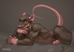 anthro bed brown_body brown_fur digital_media_(artwork) erection fangs fur furniture genitals hi_res looking_at_viewer lying lying_on_bed male mammal murid murine nude on_bed on_front penis rat red_eyes rodent shephard simple_background solo tail teeth tgt1512