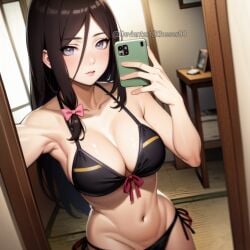 1girls ai_generated bikini bikini_bottom bikini_top blush breasts brown_hair cellphone cleavage female female_only front-tie_bikini hair_ornament hyuuga_hanabi indoors kfosser98 lavender_eyes midriff nai_diffusion naruto naruto:_the_last naruto_(series) pinup ribbons selfie side-tie_bikini slim_waist solo solo_focus stable_diffusion swimsuit voluptuous wide_hips