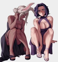 2girls animal_ears athletic_female blue_hair breasts bunny_ears cleavage dark-skinned_female dress feet female female_only fit_female kaina_tsutsumi kemonomimi lady_nagant large_breasts light-skinned_female long_hair miruko multicolored_hair muscular_female my_hero_academia pink_hair purple_eyes red_eyes rumi_usagiyama sandals shadertoons short_hair thick_thighs thighs two-tone_hair white_hair