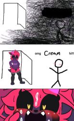 <3_eyes anthro black_body black_clothing black_fur black_legwear black_sclera black_stockings blush bodily_fluids canid canid_demon clothing cream_(drcreamsoul) cum demon door drcreamsoul duo fur genital_fluids heart hellhound horn legwear looking_at_viewer looking_pleasured male mammal meme omg_hi! pink_horn purple_clothing purple_sweater purple_topwear red_body red_fur stick_figure stockings sweat sweatdrop sweater topwear yellow_eyes