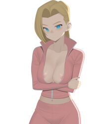 1girls android_18 areola_slip arms_crossed blonde_hair blue_eyes breasts dragon_ball dragon_ball_z earrings hochihochiha jacket midriff nipple_slip open_clothes open_jacket sweatpants track_jacket track_pants track_suit