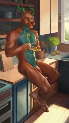 abs absurd_res anthro antlers balls blue_body blue_fur blue_hair breakfast brown_body brown_fur brown_hair deer digital_media_(artwork) ears_up fur genitals hair hi_res horn jewelry kitchen levsha male male_only mammal morning muscular necklace penis pubes red_nose solo sun yellow_eyes