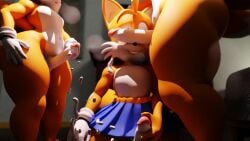 3d 3d_(artwork) absurd_res anthro ass big_ass bodily_fluids bottomwear canid canine clothing cum dick_on_face erection femboy fox genital_fluids genitals girly gloves group handwear hi_res huge_filesize kneeling male mammal muscular nude penis sega skirt smile sonic_(series) sonic_the_hedgehog_(series) standing tails thicchips thick_thighs threesome trio wide_hips