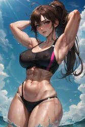 1girls 2023 ai_generated armpits breasts brown_hair clothed_female clouds cowboy_shot demai erect_nipples_under_clothes freckles green_eyes gym_clothes gym_uniform hair_between_eyes hands_behind_head highleg_swimsuit long_hair messy_hair muscular muscular_female nose_blush original_character outdoors parted_lips ponytail see-through sidelocks stable_diffusion steam steaming_body sun_rays sweat upper_teeth water water_drops